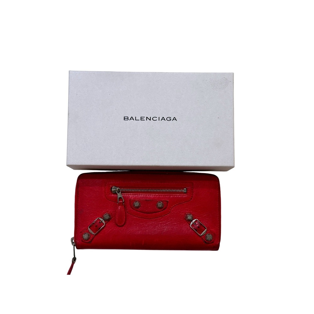 Balenciaga‎ Wallet Women's Red Leather Zip Around Authentic City Moto Studs Box
